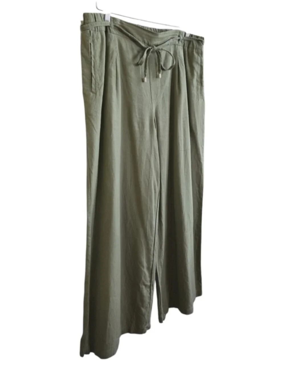 Zara Women's Sage Green Linen Blend Wide Leg High Rise Stretch Pants. Size XL